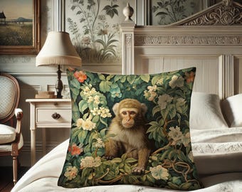 Almofada Macaco, Chimpanzé Inspirado em William Morris, Almofada Macaco da Selva, Encantada, Ornamento Boho para Casa, Animal de Poder #0237 WMAPLW