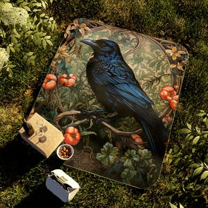 May include: A black raven perched on a branch with red berries and green leaves. The raven is surrounded by a decorative floral pattern in shades of green, brown, and gold. The background is a green grassy area.
