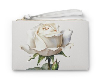 White Rose Clutch Purse, Escimo Rose Handbag, White Floral Charm