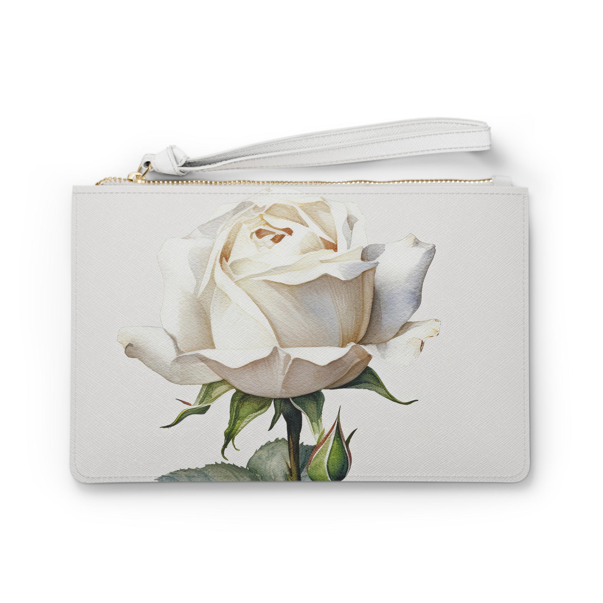 White Rose Clutch Purse, Escimo Rose Handbag, White Floral Charm