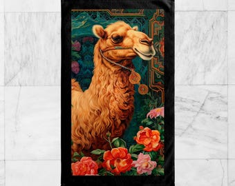 Camel Bath, Face, Hand Towel, William Morris Inspired Dromedary, Exotic Dreamlike Boho, Ornamental Wildflower Bathroom Idea #0086 WMABTW