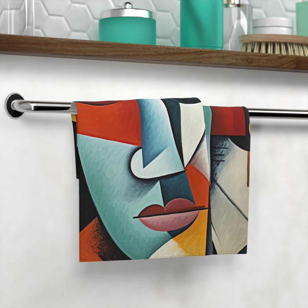 Geometric Cubist Bath Towel, Inspired by Pablo Picasso, Modern Art