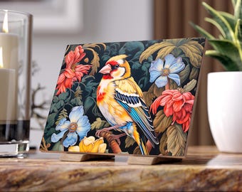 Goldfinch Ceramic Tile - William Morris Inspired Ceramic Coaster, Victorian Romance Goldfinch Animal Spirit, Dark Wood Accents #0090 WMACPT