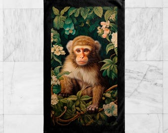 Monkey Bath, Face, Hand Towel, William Morris Inspired Chimpanzee Primate Ape, Quirky Fairycore, Boho Nature, Rustic Decor #0237 WMABTW