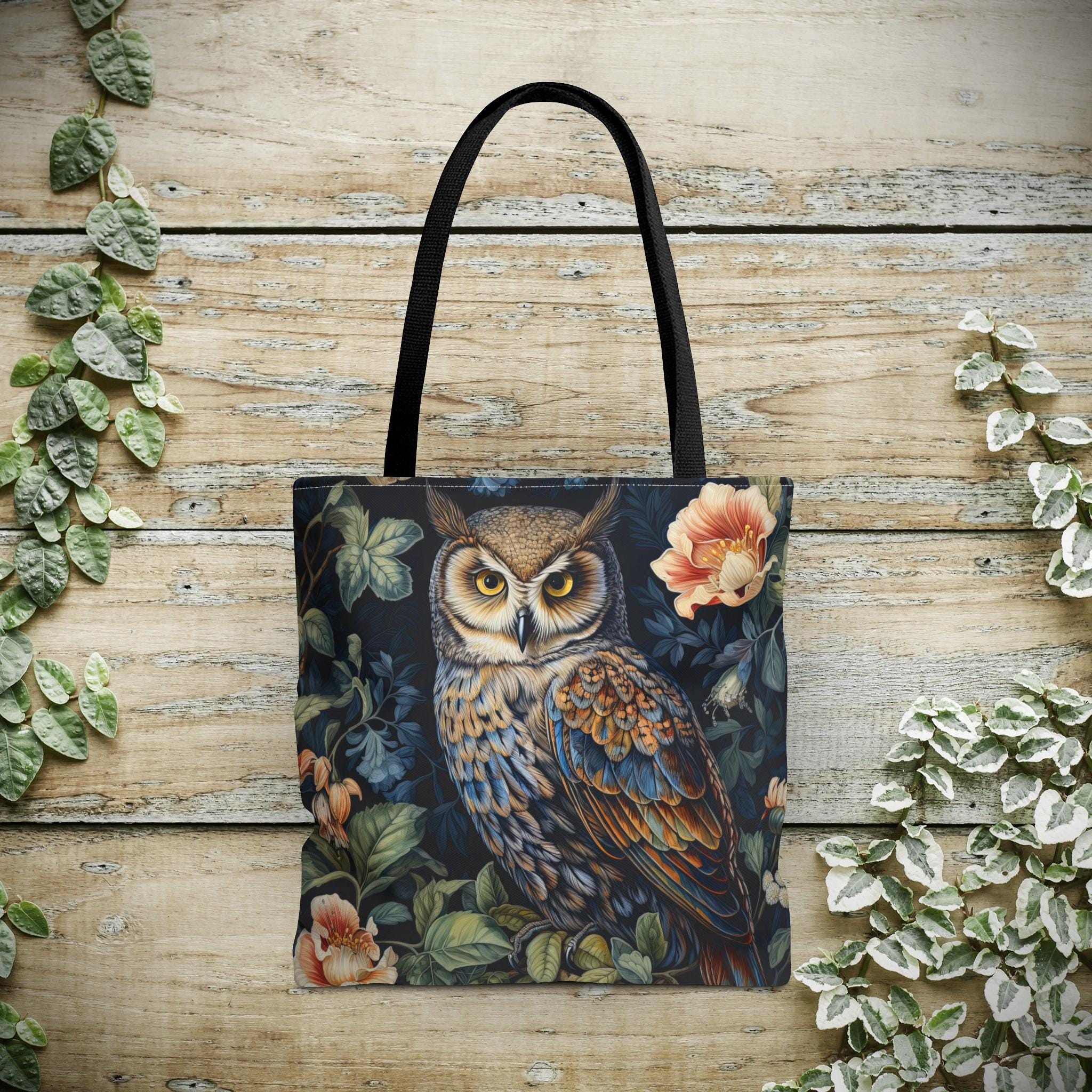 Owl Tote Bag - William Morris Inspired Shoulder Tote, Bird of Prey Handbag, Flowercore Woods, Spirit