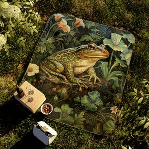 May include: A green and brown frog with a white belly sits on a rock surrounded by green leaves and white flowers. The frog is looking to the right. The background is a green and brown forest.