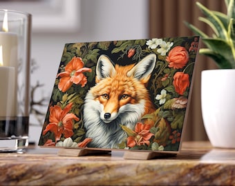 Fox Ceramic Tile - William Morris Inspired Fox Tile Mural, Retro Animal Spirit, Bloomcore, 19th Century Gothic Revival #0273 WMACPT