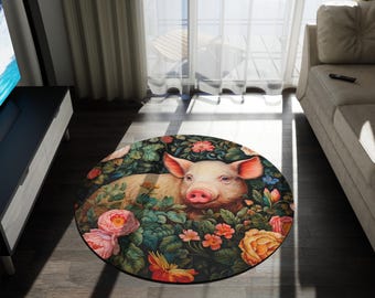Pig Rug - William Morris Inspired Hog Floor Covering, Victorian Style Animal Spirit Mat with Retro Countrycore Vibe #0180 WMARUG
