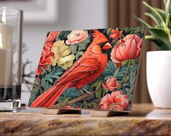 Red Cardinal Ceramic Tile - William Morris Inspired Bird Ceramic Plaque, Gothic Animal Spirit, Floral Motif, Cottagecore #0093 WMACPT