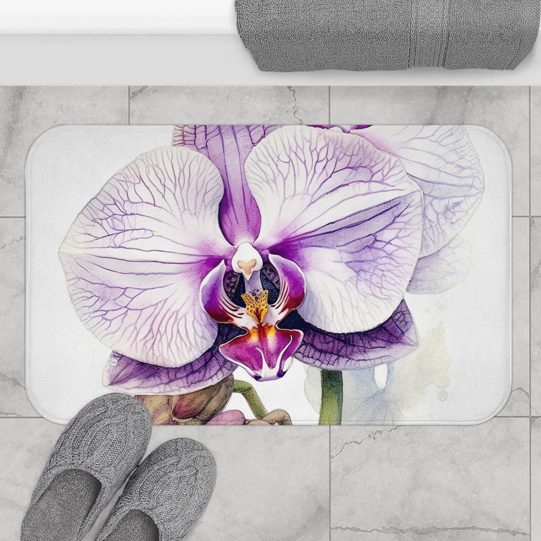 Orchidea Rugs Orchid Bath Rug - Moth Orchid Watercolor Floral Design. Rusticcore ...