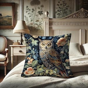 Owl Pillow, William Morris Inspired Bird of Prey, Gothic Cushion, Naturecore Night Bird, Rustic Home Design, Power Animal #0161 WMAPLW