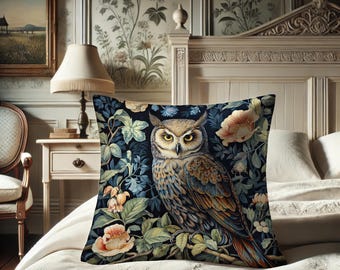 Owl Pillow, William Morris Inspired Bird of Prey, Gothic Cushion, Naturecore Night Bird, Rustic Home Design, Power Animal #0161 WMAPLW