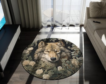 Wolf Rug - William Morris Inspired Timber Wolf Mat, Gothic Revival Power Animal Carpet with Wildlife and Dark Wood Accents #0176 WMARUG