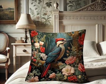 Woodpecker Pillow, William Morris Inspired Northern Flicker, Knock Knock Tree Bird Cushion, Boho Home, Power Animal #0204 WMAPLW