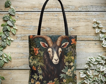 Goat Tote Bag - William Morris Inspired Shoulder Tote, Farmcore Goat Handbag, Countrycore Animal Lovers Gift #0089 WMABAG1TOT