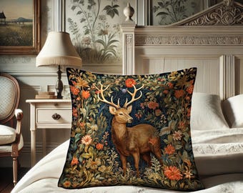 Deer Pillow, William Morris Inspired Buck, Wildf Cushion, Dreamlike Victorian Doe Decor, Fairycore Fawn Power Animal #0107 WMAPLW