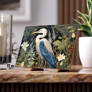 Puede incluir: Un garceta azul y blanco se encuentra en un exuberante entorno forestal verde y negro. El ave está mirando hacia la izquierda y tiene la cabeza girada hacia la derecha. El fondo es verde oscuro con flores blancas y bayas rojas.