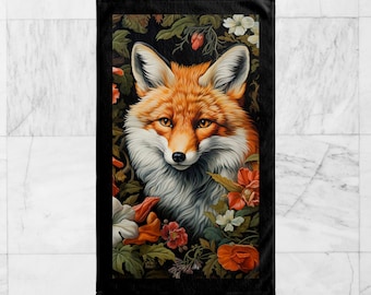 May include: A close-up of a red fox's face peeking out from a bed of colorful flowers. The fox has a white muzzle and a bushy tail. The flowers are a mix of red, pink, and white.