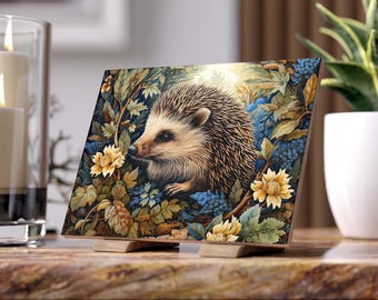 Hedgehog Ceramic Tile - William Morris Inspired Porcupine Ceramic Coaster, Retro Animal Totem Plaque, Gothic Revival, Bloomcore #0228 WMACPT