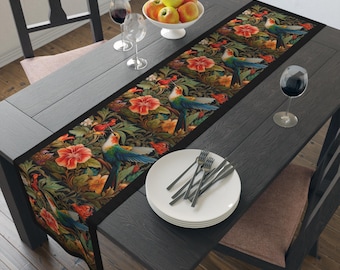 Hummingbird Table Runner, William Morris Inspired Nectar Bird, Naturecore Table Strip, Fairycore Flower Kisser Animal Totem #0114 WMATRN