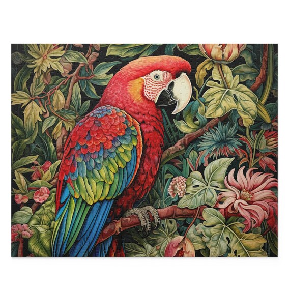 Parrot Jigsaw Puzzle, William Morris Inspired Macaw, Energetic