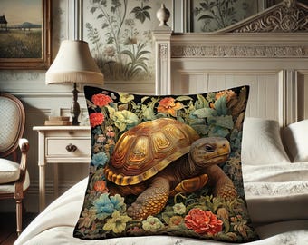 Tortoise Pillow, William Morris Inspired Turtle, Fairycore Cushion, Enchanted Rusticcore, Outdoor Design, Power Animal #0248 WMAPLW