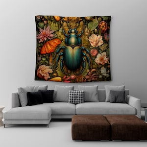 Scarab Beetle Wall Tapestry, William Morris Inspired Egyptian Beetle, Energetic Fairycore Arras, Dreamlike Sacred Power Animal #0235 WMAWTP