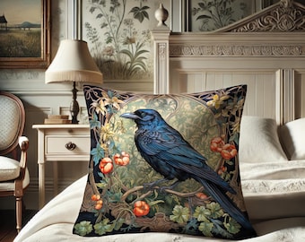 Crow Pillow, William Morris Inspired Raven, Gothicore Victorian Cushion, Nature Gothic Black Bird Design, Power Animal #0118 WMAPLW