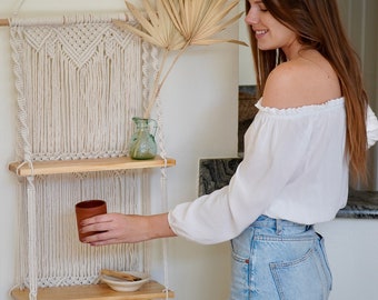 3 Tier Handmade Macrame Wall Hanging Shelf Includes 3 1.5cm Polished Wooden Shelves, Decorative Hand Made Roped Boho Shelving for Plants etc