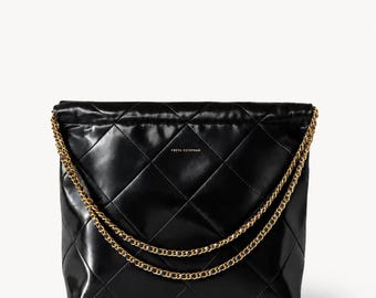 Black Quilted Leather Shoulder Bag with Gold Chain - Glossy Leather Handbag by FREYA ESTEPHAN