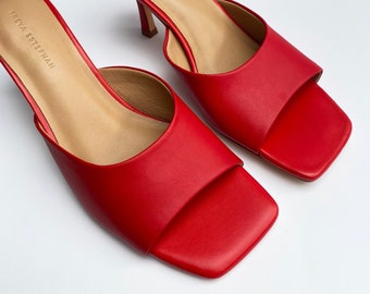 Mules Heels Sandals 100% genuine leather FREYA ESTEPHAN red