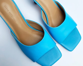 Mules à talons Sandales 100% cuir véritable FREYA ESTEPHAN bleu bleu ciel