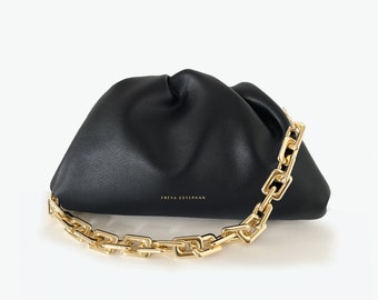 Bolso de Noche en Piel con Cadena - 100% Piel Verdadera negro FREYA ESTEPHAN