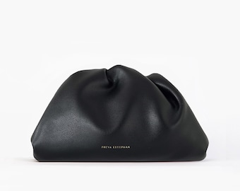 Leather Clutch Handbag Evening Bag - 100% genuine leather black FREYA ESTEPHAN