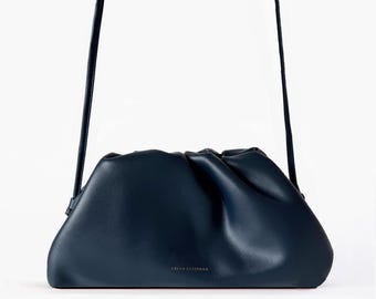 Pouch mit Schulterriemen Schultertasche Umhängetasche - 100% echtes Leder Dunkelblau Navy Blau FREYA ESTEPHAN