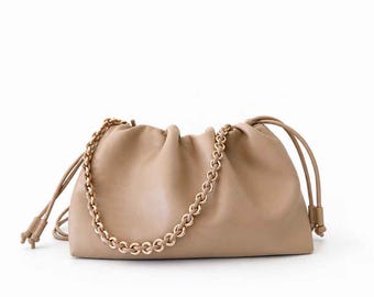 Leather Shoulder Bag Crossbody Handbag with Strap - 100% genuine Leather beige nude FREYA ESTEPHAN