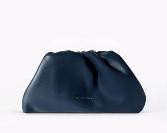 Leather Clutch Handbag Evening Bag - 100% genuine leather dark blue / Oxford blue FREYA ESTEPHAN