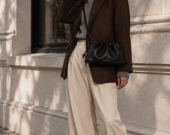 Leather Shoulder Bag Crossbody Handbag with Strap - Cloud Pouch Bag in Black - FREYA ESTEPHAN