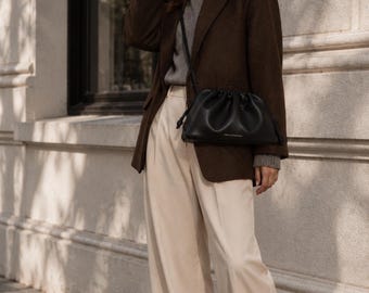 Leather Shoulder Bag Crossbody Handbag with Strap - Cloud Pouch Bag in Black - FREYA ESTEPHAN