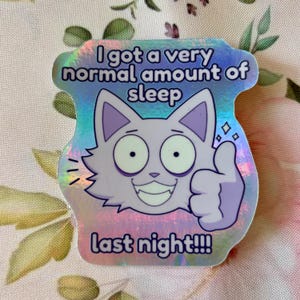 Puede incluir: Pegatina holográfica con un gato de dibujos animados con un pulgar hacia arriba. El texto "I got a very normal amount of sleep last night!!!" está impreso en la pegatina. El gato es de color lila claro.