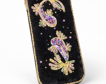 Handmade Velvet Eyeglasses Case, Embroidered Paisley Sunglasses Pouch