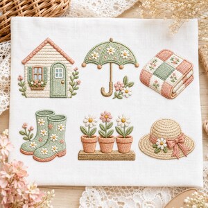 Set Cozy Cottagecore Embroidery Bundle, Pack of Garden House Machine Files, Umbrella Quilt Boots Hat PES DST, Mini Icons Design