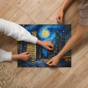 Moonlit Cityscape Puzzle (252, 520-Piece) - Urban Night Scene with Taxis and Cars - Full Moon Sky - Challenging Jigsaw Fun