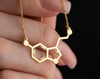 Handmade Gold Serotonin Molecule Necklace - Chemical Structure Necklace - Science-inspired Jewelry - Solid Gold Serotonin- Molecular Symbol