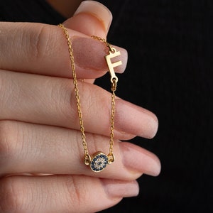 Handmade Sideway Letter Necklace with Evil Eye Symbol - 14K Gold Protection Neckace - Evil Eye Protection Amulet - Christmas Gift for Her