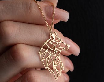 Handmade Geometric Wolf Gold Necklace - Origami Wolf Pendant - Unique Wildlife Jewelry - Handcrafted Wolf Charm - Origami Wolf Design