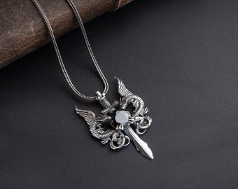Sterling Silver Dragon Sword Pendant Necklace: Black Zircon Stone