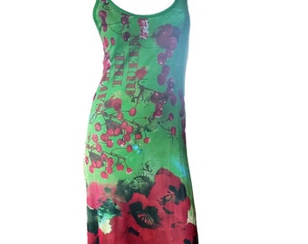 Save The Queen maxi dress with open back, green and red cherry print, size M