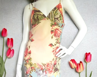 Long dress with straps in floral printed silk size S Jean Paul Gaultier