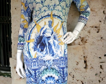 Roberto Cavalli blue mosaic posseidon print dress size M